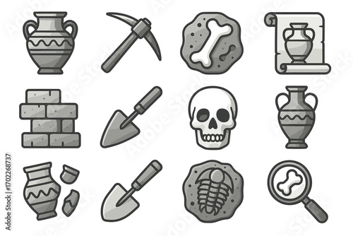 Archaeology icons: vase, tools, fossils, skull, scroll, brick wall