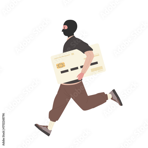 Credit card theft vector illustration. Cartoon male thief character in hoodie and mask holding stolen big card, man stealing personal data and identity in bank, criminal running down city street