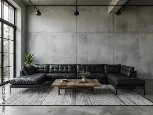 A modern industrial living room featuring a large black leather sectional sofa, a wooden coffee table, and concrete walls with a large window.