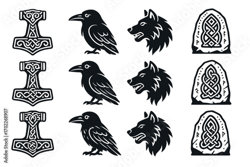Viking symbols: thor's hammer, ravens, wolves, and rune stones in black and white