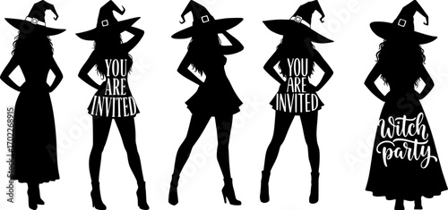 Five fashionable witch silhouette in trendy outfits and dresses halloween style collection