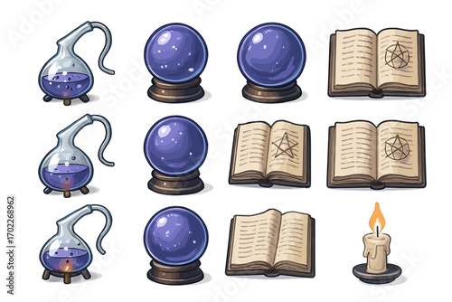 Alchemy tools: beakers, crystal balls, books, and candles for magical practices