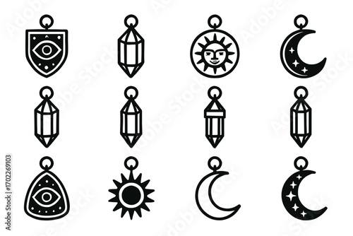 Mystical pendant collection with eye, sun, and moon designs