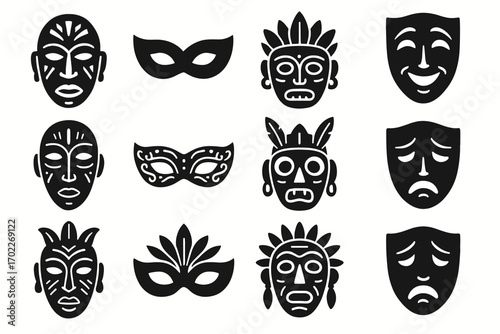 Diverse cultural masks: tribal, theatrical, and masquerade designs