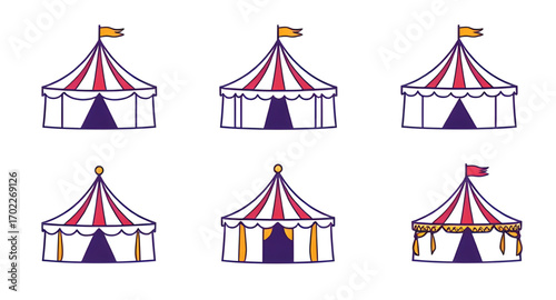 colorful circus tent icons, amusement tent set, circus dome icons, exhibition tent icons, circus stage icons, party tent icons, circus landmark icons, circus fair icons, big circus tent icons, classic