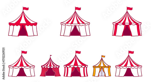 circus tent vector set, funfair tent icons, outdoor circus tent icons, traveling circus tent icons, circus festival icons, colorful circus tent icons, amusement tent set, circus dome icons, exhibition