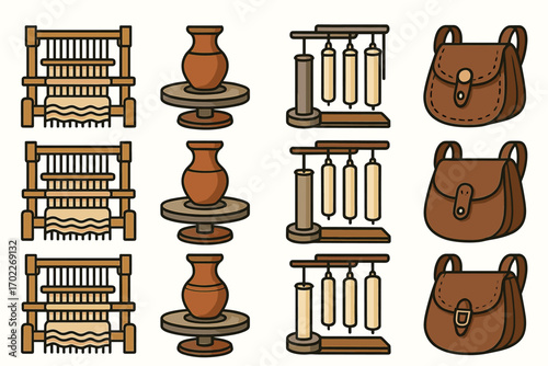 Crafts icon set: weaving, pottery, candle making, leatherwork tools