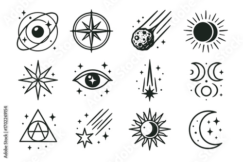 Celestial symbols collection: stars, comets, moons, and suns in black and white design
