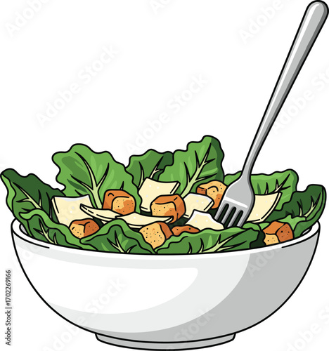 Classic Caesar Salad with Croutons and Parmesan Vector Illustration