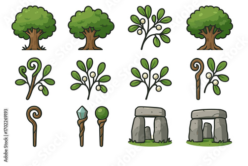 Cartoon trees and iconic stone structures with magical staffs and leaves