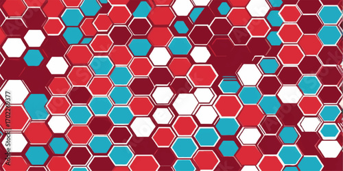 Geometric hexagon honeycomb seamless pattern design with a black and blue tile grid for vector art illustration and abstract technology wallpaper