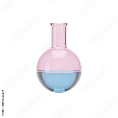 Pink glass round bottom flask with blue liquid isolated on transparent background