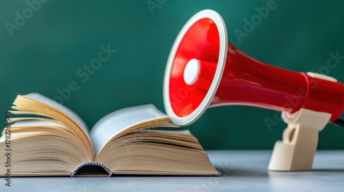 Conceptual scene with megaphone and book showing the fusion of education and public discourse