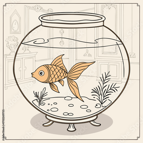 An elegant goldfish swims gracefully within a vintage ornate glass aquarium showcasing a vibrant aquatic scene with detailed textures and rich colors