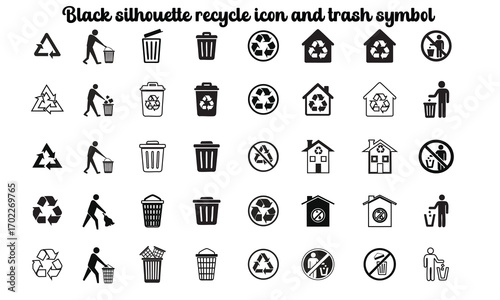 Recycling Icon Collection – Black Silhouette Waste Bin, Eco Symbol, Reduce Reuse Vector