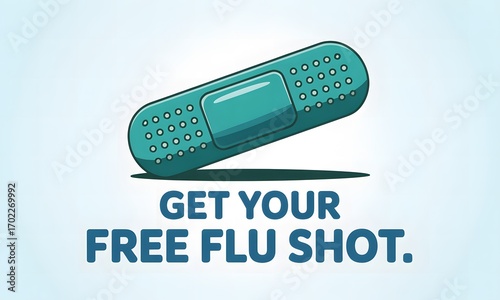 Illustration of a band aid with text get your free flu shot on a light blue background