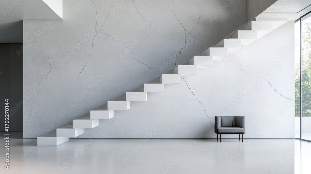 Obraz premium Cracked wall serves as backdrop to a sharp, angular staircase in soft grey tones.
