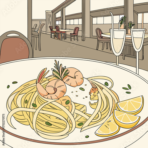 Elegant seafood pasta dish illustration featuring shrimp and scallops perfect for culinary and restaurant promotions