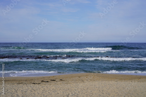 Scenic ocean waves rolling onto sandy beach with clear blue sky, peaceful seascape landscape background, relaxing coastal view of sea horizon and surf water