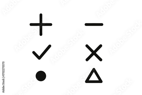 Minimalist symbol set featuring plus minus check cross dot triangle