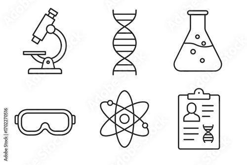Science icons: microscope, dna, flask, goggles, atom, research profile