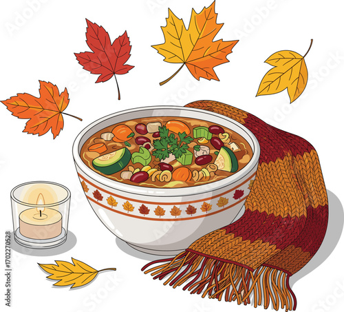 Cozy Autumn Minestrone with Leaves and Candle Decor Vector