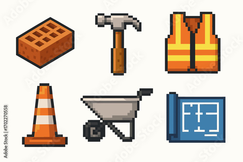 Pixel art construction tools set with brick, hammer, vest, cone, wheelbarrow, and blueprint
