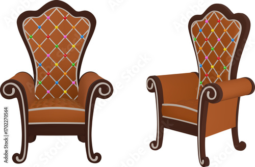 isolated gingerbread throne side and front view. christmas throne with cookies and icing ornaments