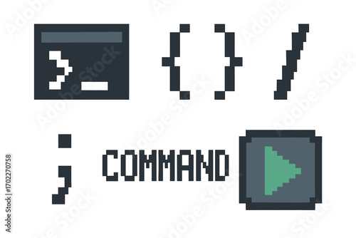 Retro pixel art style programming symbols with command text