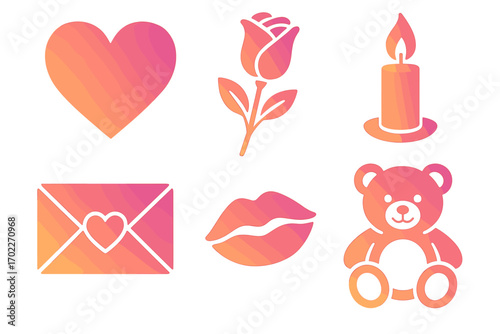Romantic symbols: heart, rose, candle, letter, lips, teddy bear