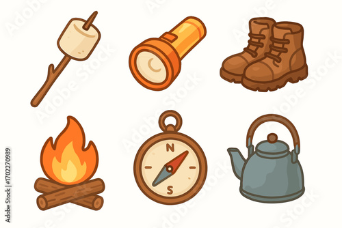 Camping essentials: marshmallow stick, flashlight, boots, campfire, compass, kettle