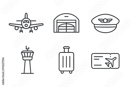 Aviation icons: airplane, hangar, pilot hat, control tower, suitcase, boarding pass