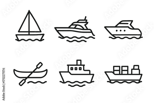 Set of six nautical line art icons featuring various boats and ships