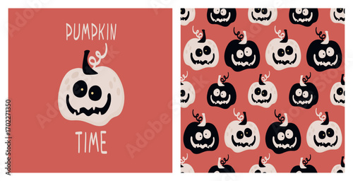 Seamless Halloween Pumpkin Pattern with Cute Scary Faces and Greeting Card
