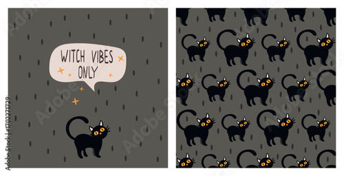 Witch vibes only Halloween vector card with black cat and seamless pattern of witches cats 