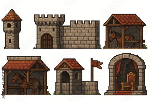 Pixel art medieval structures: castles, towers, stables, thrones, flags