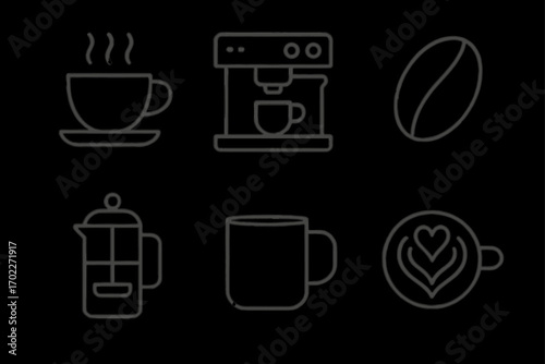 Coffee icon set featuring espresso machine, french press, and latte art designs