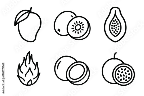 Tropical fruit icons: mango, kiwi, papaya, dragon fruit, coconut, passion fruit