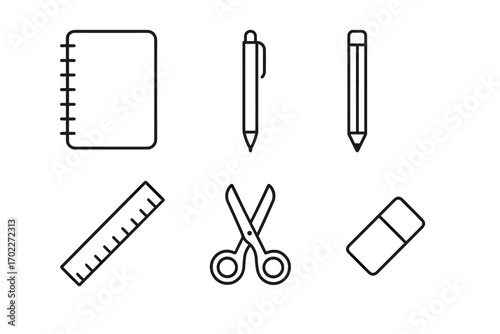 Minimalist stationery set: notebook, pens, ruler, scissors, eraser icons
