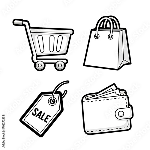 Shopping Icons Cart, Bag, Tag, and Wallet in Black and White