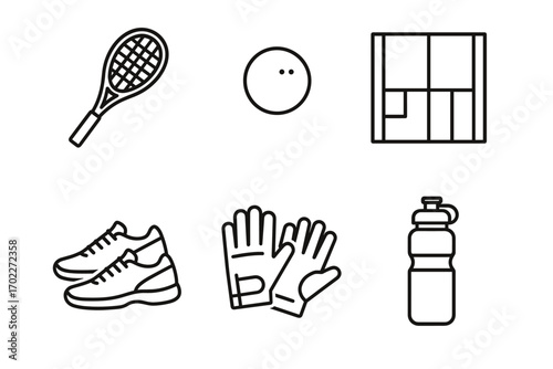 Minimalist sports icons: tennis, bowling, soccer, running, gloves, water bottle