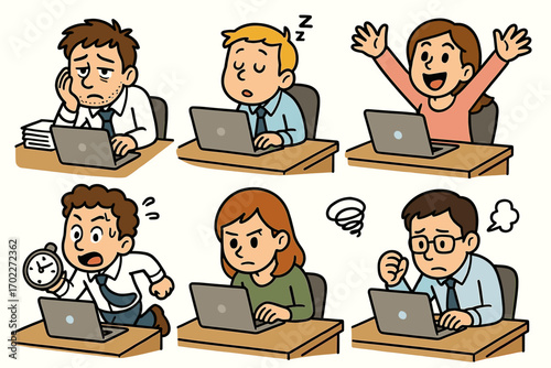 Cartoon characters exhibiting emotions at work with laptops