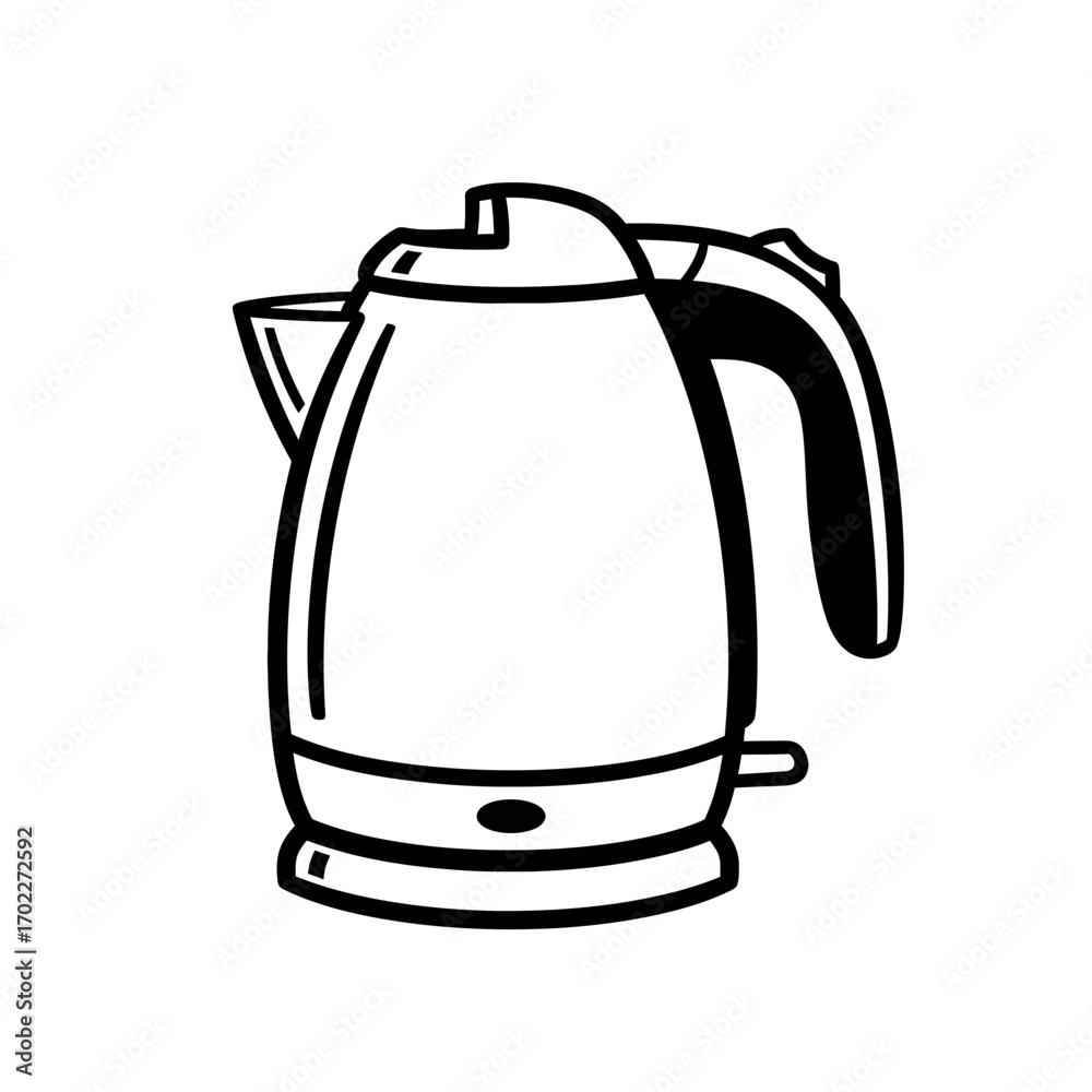 Obraz premium Simple black and white line art illustration of a modern electric kettle, an essential kitchen appliance for boiling water quickly for hot beverages and domestic use