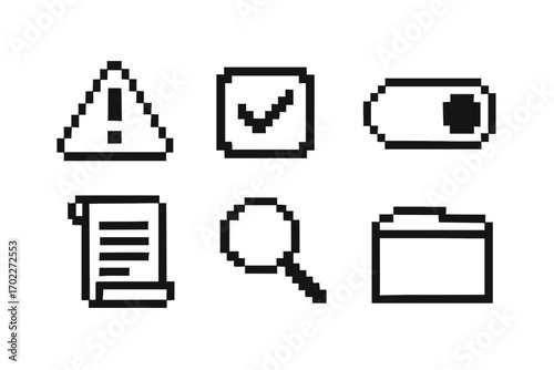 Set of pixel art icons: alert, checkmark, toggle, document, search, folder