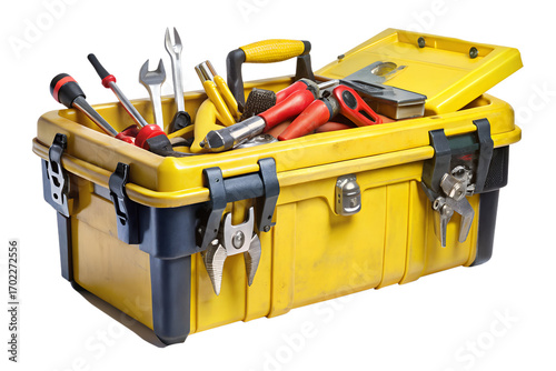 A bright yellow toolbox brimming with essential hand tools, ready for any repair or DIY project, showcasing organization and preparedness for various tasks