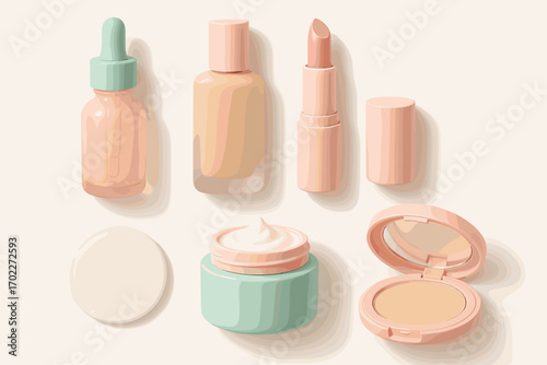 Pastel beauty products arrangement with skincare and makeup essentials