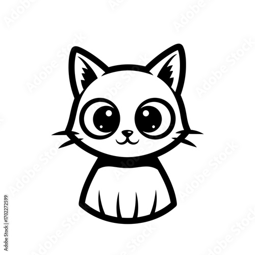 Adorable minimalist black and white cartoon cat illustration featuring big, expressive eyes, perfect for playful designs and pet-themed projects