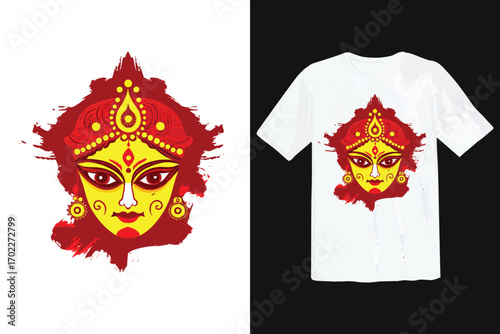 Yellow and red Durga face graphic with t-shirt mockup