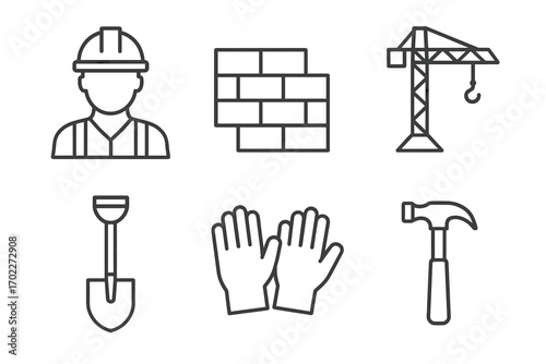 Construction icon set with worker, equipment, and tools