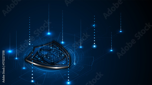Cyber ​​security concept with shield symbol and lock. Data protection and cyber privacy. Innovative concept of advanced safety technology	